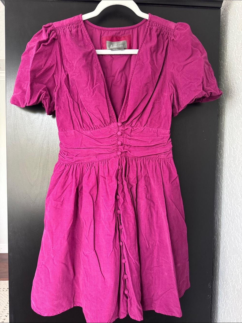 Women’s Fuchsia Short Sleeve V-Neck Button-Front Dress